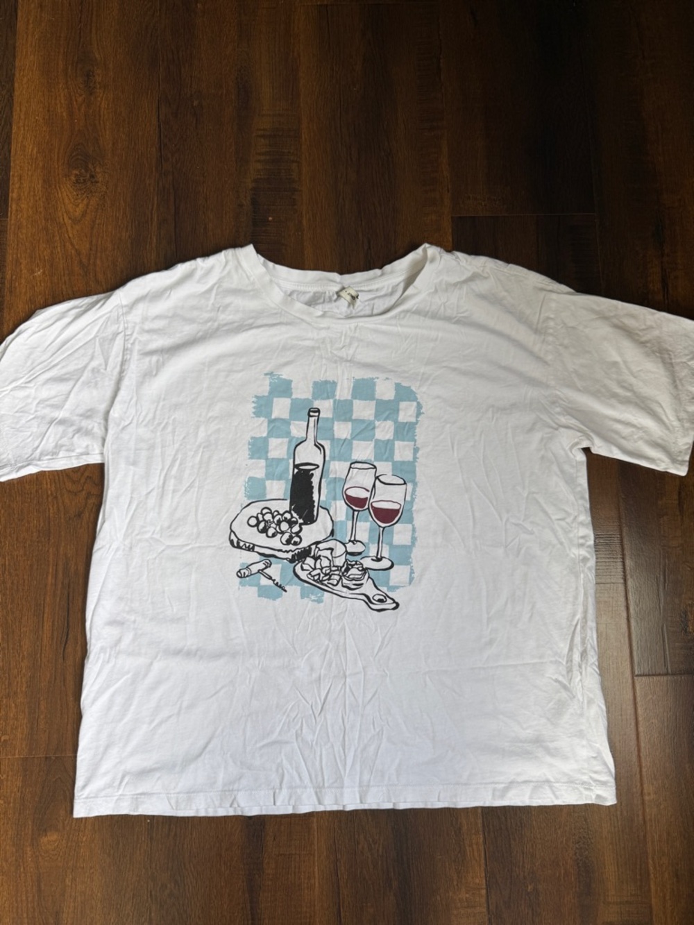 Wine & Cheese Graphic Tee - White with blue and Red Accents